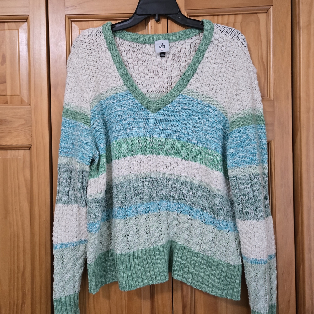 CAbi Green and Blue V-Neck Sweater